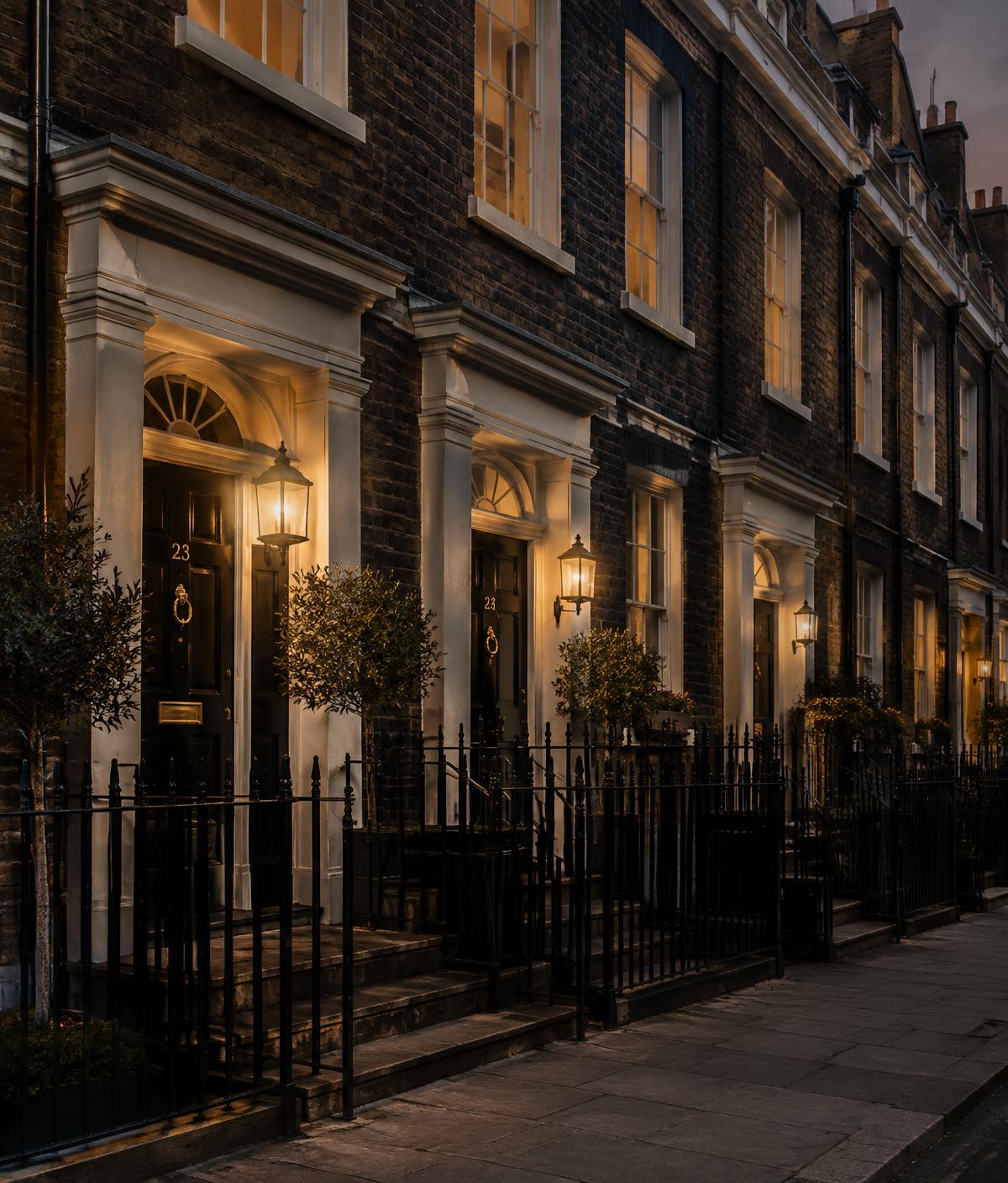 Row of period terraced townhouses with black front doors and lanterns